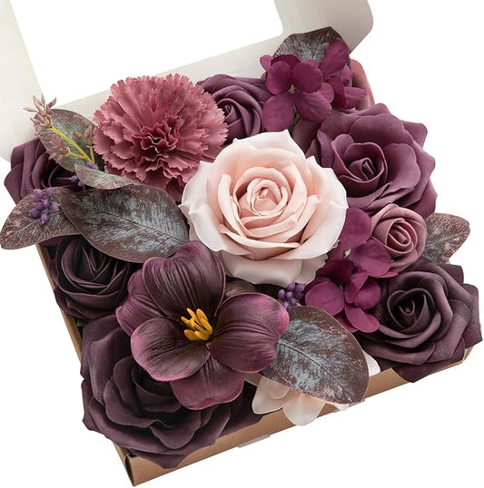 Ling's moment Fake Flowers Box, Faux Artificial Greenery Stems Foam Roses Tulip Silk Hydrangea Eucalyptus Fabic Flower for Centerpieces Bouquet Wedding Vase Decorations, Plum & Plum Lily, Mini Combo