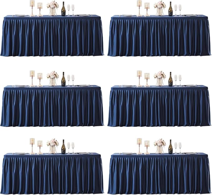 6 Packs Navy Blue Polyester Table Clothes for 8 Foot Rectangle Tables, Wrinkle Free Fitted Table Cover 8ft Stretch Tablecloths with Skirt for Parties Weddings Birthday Banquet Baby Shower