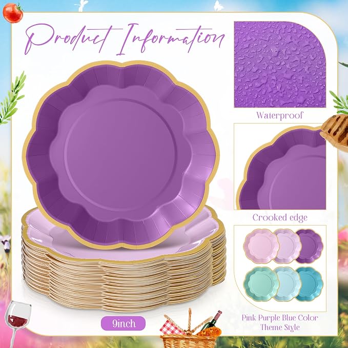 72 Pcs Mermaid Paper Plates 9 Inch Pink Blue Purple Scalloped Paper Disposable Dinner Dessert Plates for Seashell Sea Birthday Wedding Bridal Party Supplies, 6 Colors