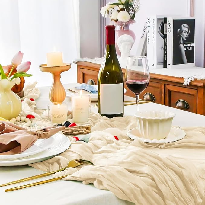 12 Pack Ivory Cheesecloth Table Runner, 10FT Cheesecloth Rustic Boho Table Runner Long Romantic Semi Sheer Table Runner for Wedding Baby Shower Birthday Bridal Party Decorations(21.5×120 Inch)