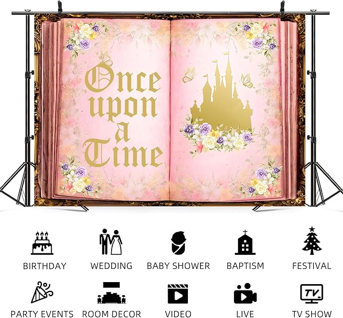 12x6ft Once Upon a Time Backdrop Fairy Tale Book Castle Photography Background Pink Floral Butterfly Princess Birthday Baby Shower Wedding Party Decor Photo Booth Props for Girls Photoshoot