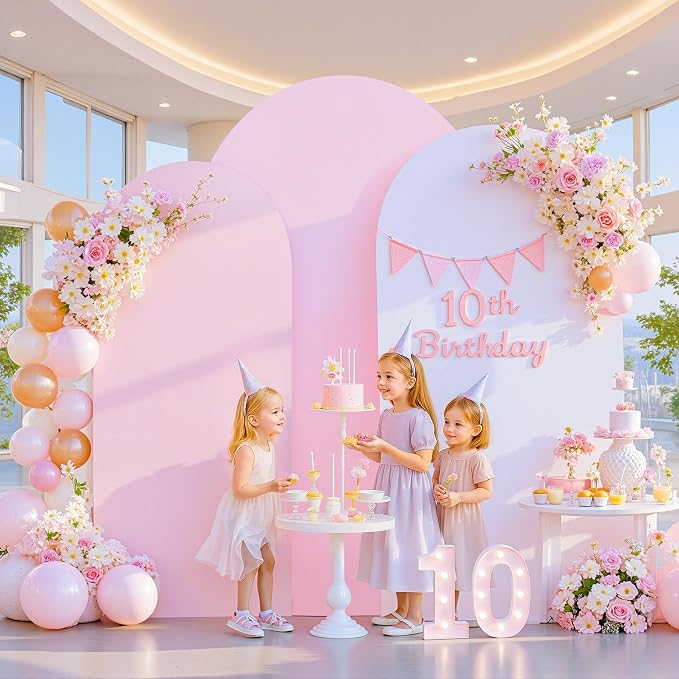 Set of 3 Arch Backdrop Covers(6ft, 5ft, 4ft) - Premium Stretchy Spandex Backdrop Arch Stand Cover for Baby Shower,Wedding,Party Decor Chiara Cover with Double-Sided Design(White, Light Pink)