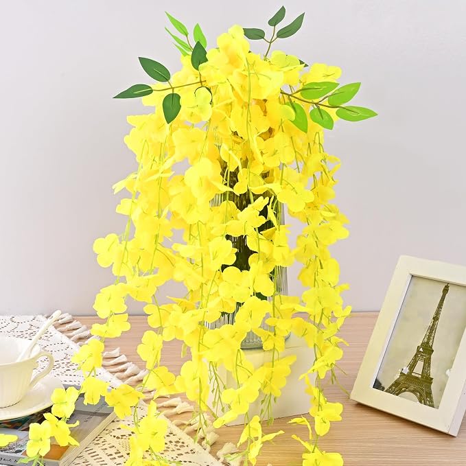 BLEUM CADE 36Pcs Yellow Fake Wisteria Hanging Flowers, 3.6Ft/Pcs Artificial Wisteria Garland, Hanging Flowers for Wedding Party Home Backdrop Wall Decoration