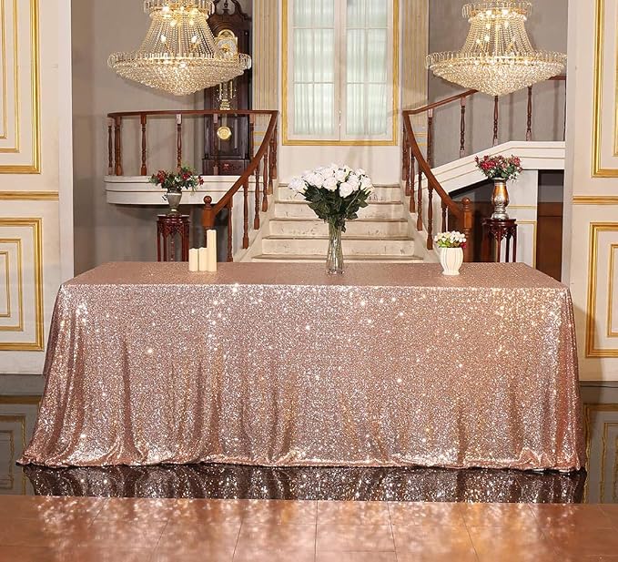 Juya Delight 60" x 120" Rose Gold Sequin Tablecloth Rectangle for Wedding Birthday Party Festival Ceremony Cake Dessert Table
