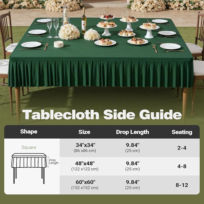 Shillance 60x60 Inch Green Spandex Square Tablecloth 2 Pack,Wrinkle Free Green Fitted Table Cloth for Square Tables,Washable Pleated Table Cover for Wedding Birthday Cocktail Party Buffet Dinner