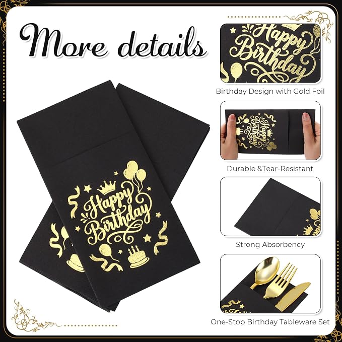 LemonRoad 50 Sets Happy Birthday Plastic Silverware Black and Gold Disposable Prefolded Cutlery Includes Forks Knives Spoons Linen Paper Napkin Tableware for 40th 50th 60th Birthday Party Decorations