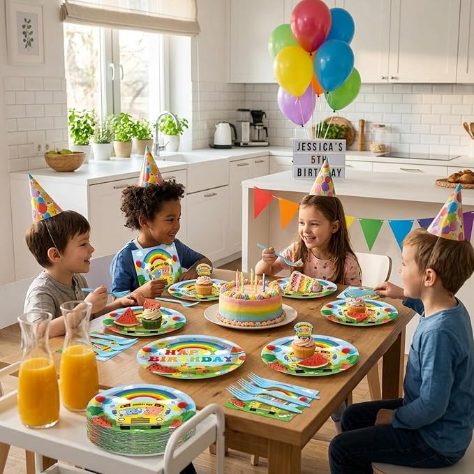 96Pcs Cartoon Melon Birthday Party Decorations Watermelon Theme Tableware Watermelon Bus Rainbow Plates Napkins Forks Cartoon Melon Dinnerware Party Supplies for Kids Birthday Baby Shower Serves 24