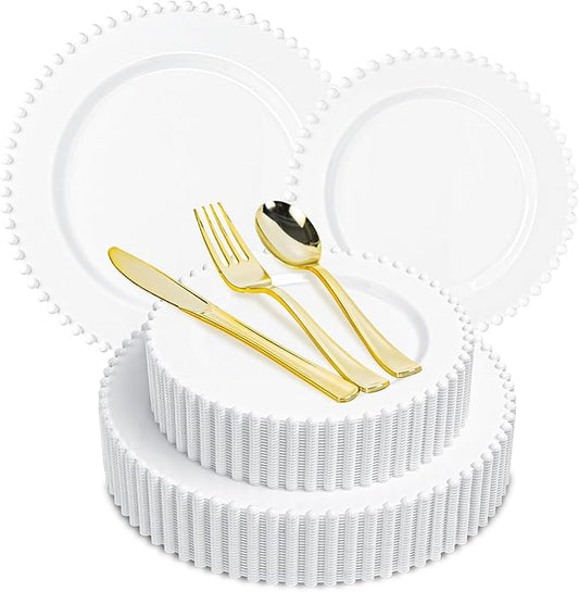 150PCS White Plastic Plate Dinnerware Set, 30 Guests Disposable Beaded Edge Plates, 30 Dinner and 30 Dessert Plates, 90 Silverware for Party, Wedding