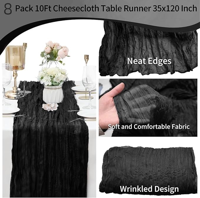 8 Pack Black Cheesecloth Table Runner 10Ft Gauze Cheese Cloth Table Runner 35x120Inch Romantic Boho Table Runners for Wedding Birthday Party Bridal Baby Shower Engagement Halloween Holiday Table Decor