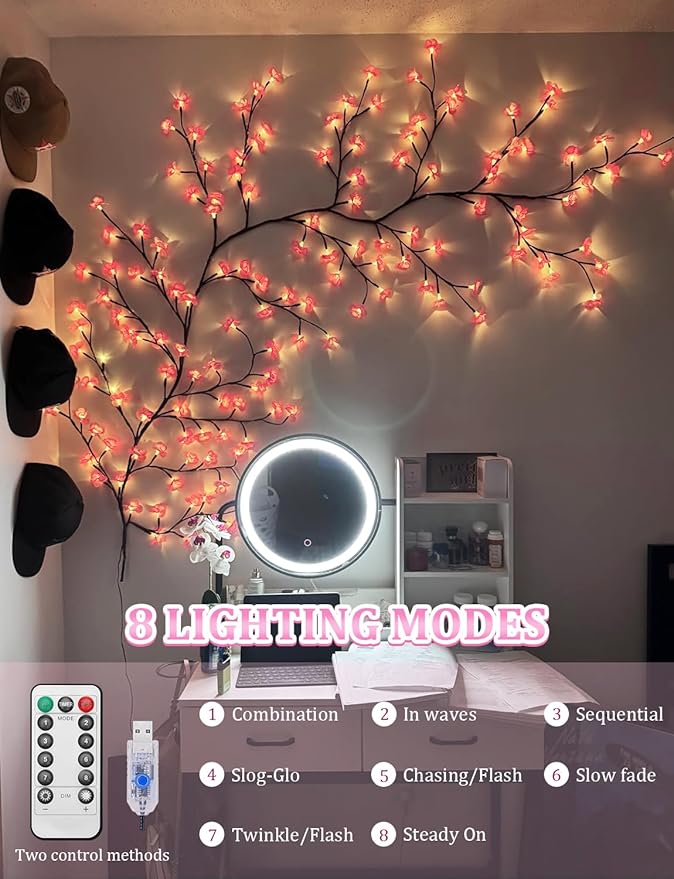 Cherry Blossom Lights for Bedroom Wall Decorations,4 FT 48 LED Cherry Blossom Decor,2026 New Dimmable Light-Up Pink Bedroom Decor with Remote Timer,8 Lighting Modes,Romantic Gifts for Her