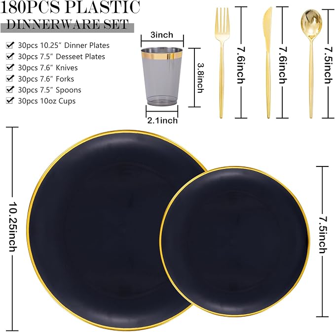 ejonirinjonir EI 180pcs Black Plastic Plates Black and Gold Disposable Plates Gold Plastic Dinnerware Set Silverware and Cups for Birthday,Wedding,Festival,Party,Graduation Decorations,Business Event