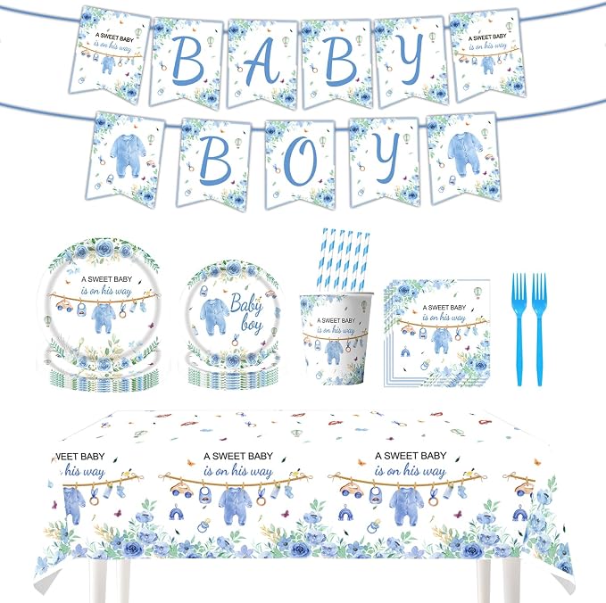 162 Pcs Baby Shower Decorations for Boy Serve 25 Guest - Blue Theme All-in-One Party Supplies Kit with Plates, Cups, Napkins, Forks, Straws, Banner, Tablecloth for Baby Shower Decor