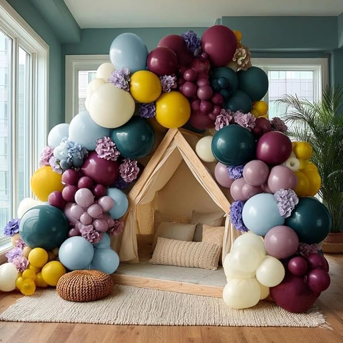 Blue Yellow Purple Balloon Arch, Double Stuffed Dusty Blue Purple Balloon Garland Kit with 6pcs Hydrangea Artificial Flowers for Baby Shower Birthday Boho Floral Wedding Party Decoration