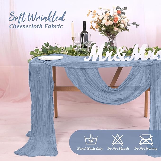 10 Pack Cheesecloth Table Runner Dusty Blue, Rustic Boho Gauze Fabric Table Runner Romantic Table Runner for Wedding, Festival, Birthday, Anniversary, Dinner and Outdoor Events (17.7 x 108 inch)