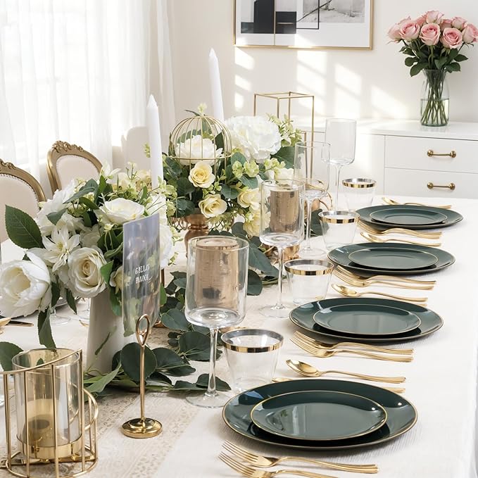 WDF 300Pcs Green Plates Disposable - Heavy Duty Green Plates - 50Guest Green Plastic Dinnerware Include 50 Dinner Plate, 50 Dessert Plate, 150 Cutlery & 50 9oz Cups for Parties/Wedding/Party
