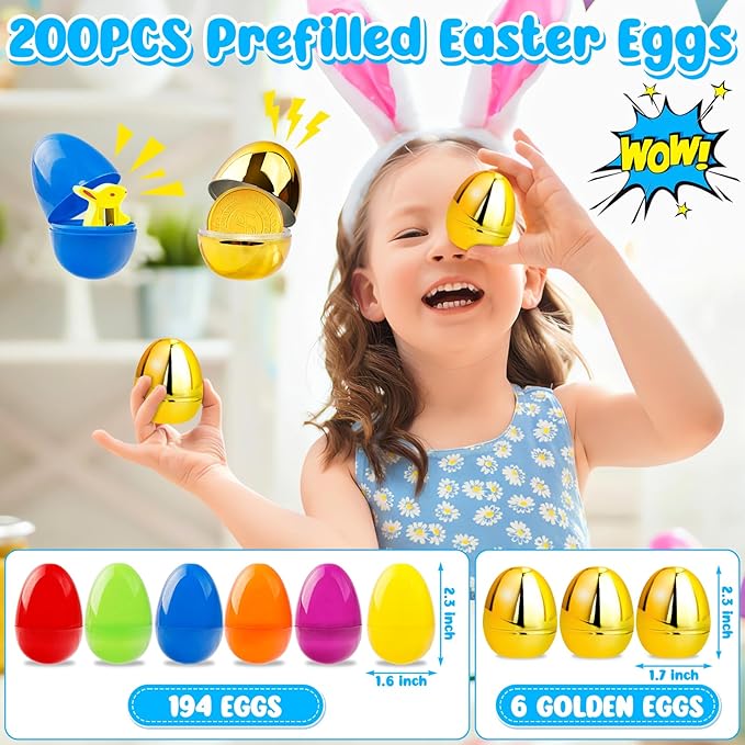 [ 6 Surprise Golden Eggs ] 200Pcs Prefilled Easter Egg with Assorted Toys, Bulk Plastic Easter Eggs Fillers for Kids, Basket Stuffers,Egg Hunt Party Favors Classroom Prizes Supplies for Boys Girls