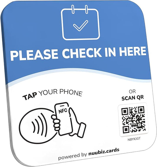 NFC Business QR Code Sign Plate for Customer Check-Ins – Drive Offline Engagement Online – Works Like Review Tap Card & Social Media Sign – No App or Fees – Includes Stand or Adhesive