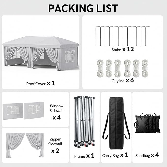 KIGOTY 10x20 FT Portable Pop Up Canopy Tent, Adjustable Height Instant Gazebo with Sidewalls, Sandbags, Waterproof Outdoor Canopy for Camping, Parties, Vendor Events (White, 3m × 6m with sidewalls)
