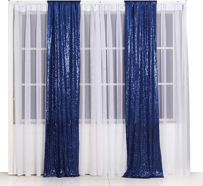 SquarePie 2 PCS 2x8ft Navy Blue Sequin Backdrop Curtains, Satin-Backed Shimmering Photo Booth Background, 2 Panels Narrow Real Sequin Drapes with 4" Rod Pocket for Party, Baby Shower, Doorway Decor