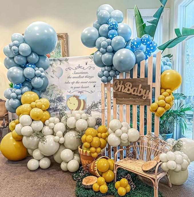 Blue Yellow Balloon Garland Double Stuffed Sand White Balloons Dusty Blue Yellow Cream Balloon Arch Kit for Baby Shower Birthday Gender Reveal Bee Honey Party Decorations