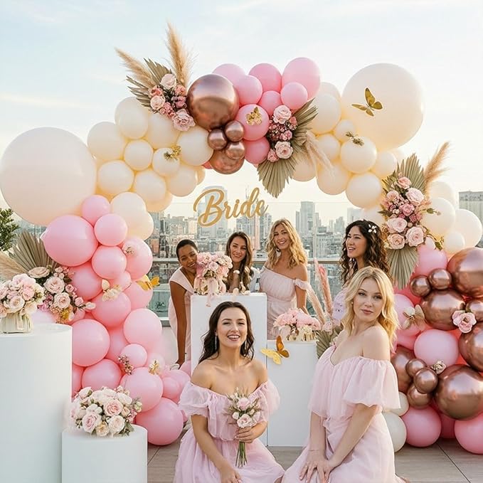 Pink Ivory Rose Gold Balloon Arch Kit – Double Stuffed Light Pink Cream White Balloons with Gold Butterflies for Baby Shower, Bridal, Birthday, Princess, Engagement, Garden Party Decorations