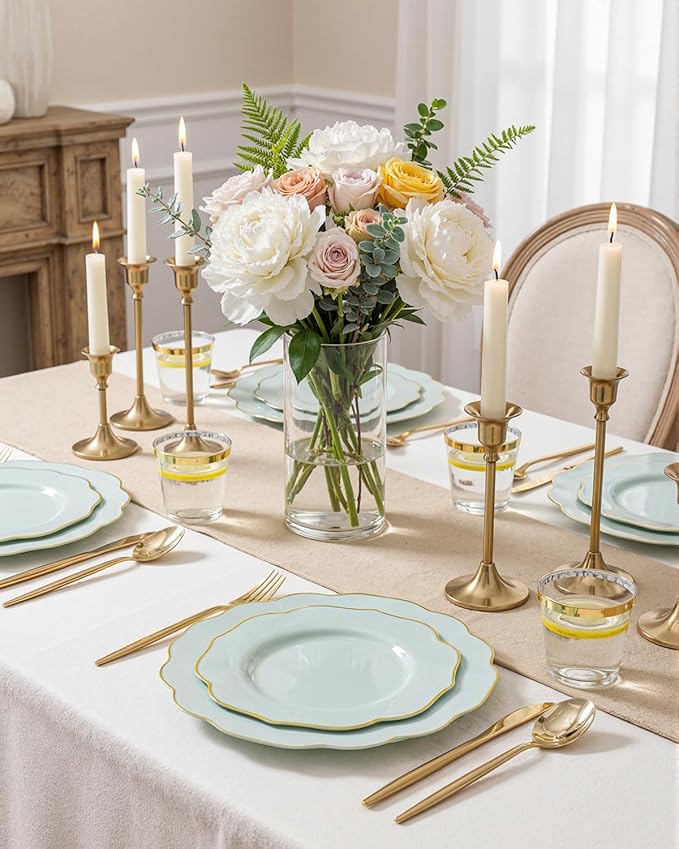 bUCLA 180PCS Green Plastic Plates - Disposable Sage Green with Gold Rim - Include 30 (Dinner & Dessert) Plates, 30 Knives, 30 Forks, 30 Spoons and 30 Cups for Party, Spring & Shower