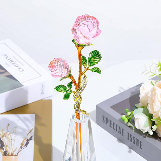 Arikyrist Pink Rose Flower Crystal Figurine with Vase, Handmade Bouquet Glass Flowers Ornament Rose Gifts for Women Mom Wife, Crystal Flower Home Decor for Valentine Mother's Day Wedding