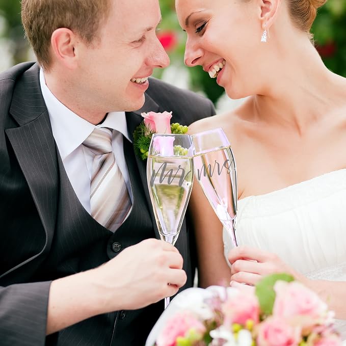 Engraved Mr and Mrs Champagne Flutes Wooden Sign,Wedding Toasting Glasses for Bride and Groom,Cake Knife and Server Set Just Married Banner for Couple Reception Ceremony