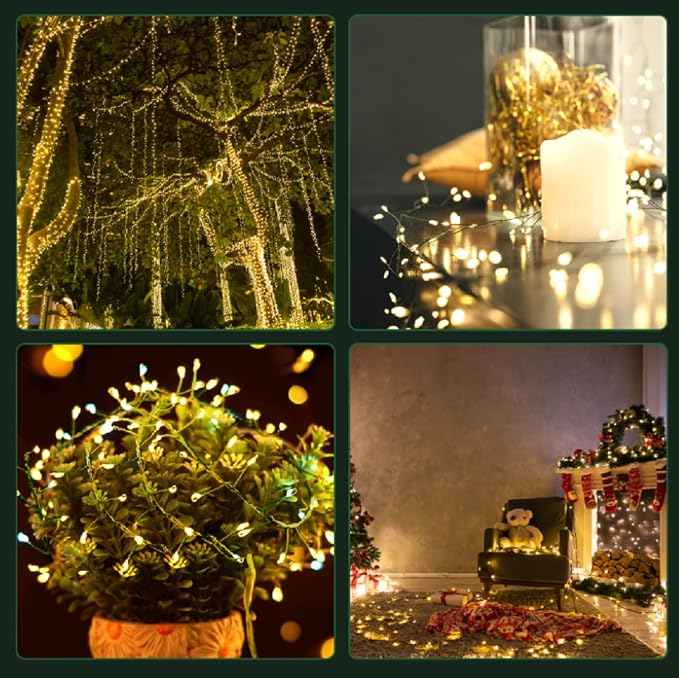 2Pack Outdoor Fairy Lights Battery Operated,10Feet 100LED Green Copper Wire Cluster Lights with 8 Modes and Timer,Twinkle String Lights, Mini Lights for Christmas Tree Wreath Wedding,Warm White