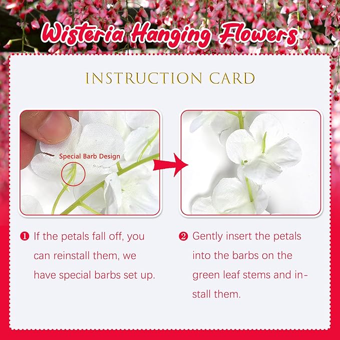 12 Pack Red Wisteria Hanging Flowers, 3.44 Ft Fake Hanging Flowers, Artificial Wisteria Garland Vines for Wedding Room Backdrop Outdoor Patio Garden Valentine's Decoration