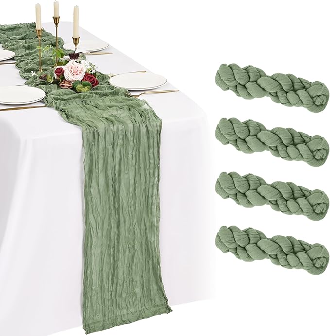 4 Pack Cheesecloth Table Runner 10FT Sage Green Table Runner Boho Gauze Cheese Cloth Table Runners Long Rustic Sheer Table Decorations for Wedding Party Baby Bridal Shower Birthday Holiday Home