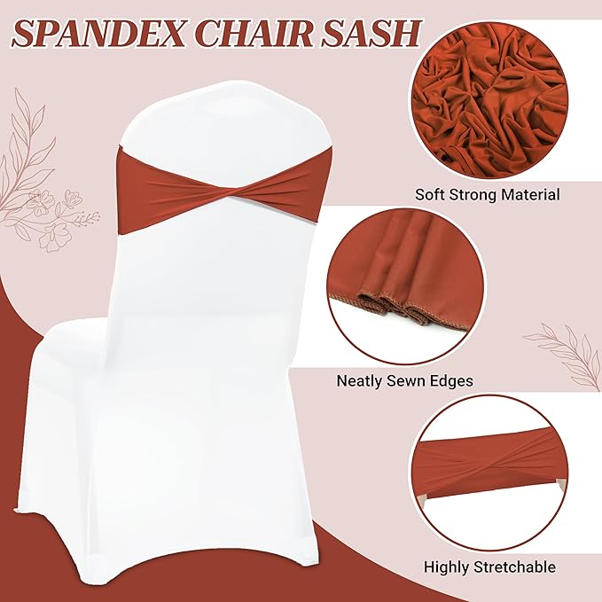 MDS Pack of 100 Spandex Chair Sashes Bows Elastic Stretch Dining Chair Bands Ties Without Slider Buckle Universal fits for Wedding Baby Shower Birthday Party Banquet Event Decoration - Terracotta