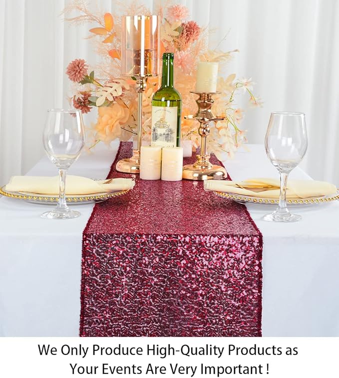 ShinyBeauty Sequin Table Runner 12''x108'' 2 Packs Burgundy Glitter Table Runners 108 Inches Long Wedding Table Runner， Christmas, Kitchen, Birthday Party