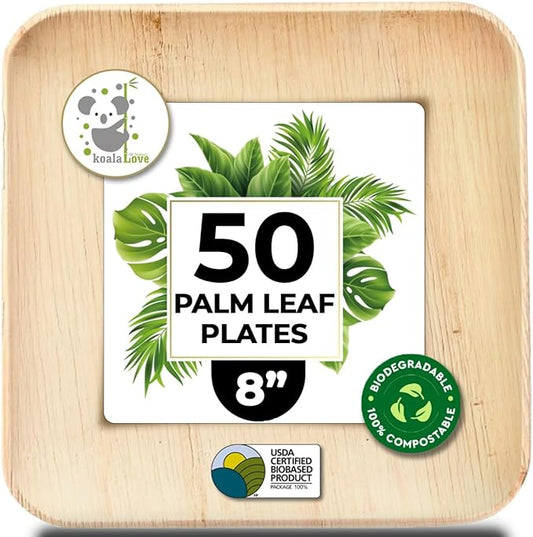 Koala love Palm Leaf Charger Plates Round 100% Compostable Disposable Bamboo-look Eco-Friendly & Biodegradable Party Tableware,By (square, 8" 50 plates)