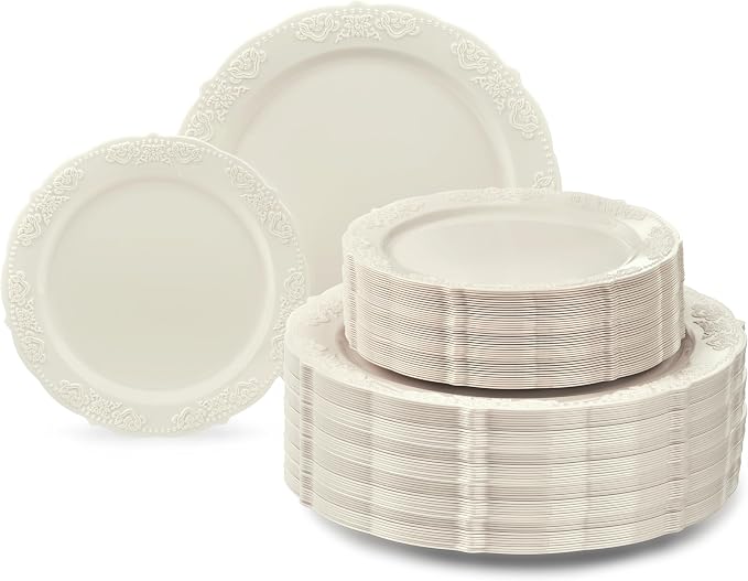 OCCASIONS 240 Pack (120 Guests) Fancy Vintage Disposable Plastic Plates Set, Heavy Duty Wedding Party Dinnerware, 120x10.25" Dinner, 120x7.5" Salad/Dessert, BPA Free, China-Like Look (Portofino Ivory)