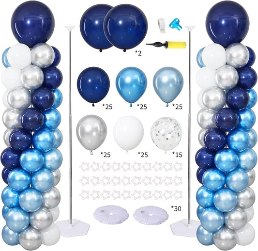Navy Blue Silver and White Balloon Column Stand Kit Set of 2 for Floor, Navy Blue Silver White Confetti Balloon Arch Kit Balloon Towers for Boys Men Birthday Graduation Baby Shower Party Decorations