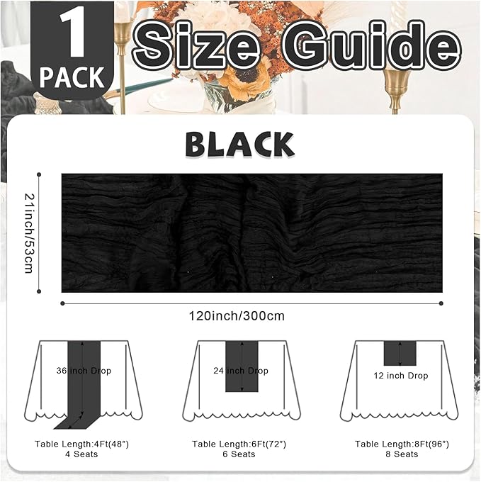 Black Cheesecloth Table Runner 21x120 Inch Gauze Table Runners Reusable Polyester 10ft Boho Rustic Cheese Cloth Table Runner for Wedding Party Baby Shower Birthday