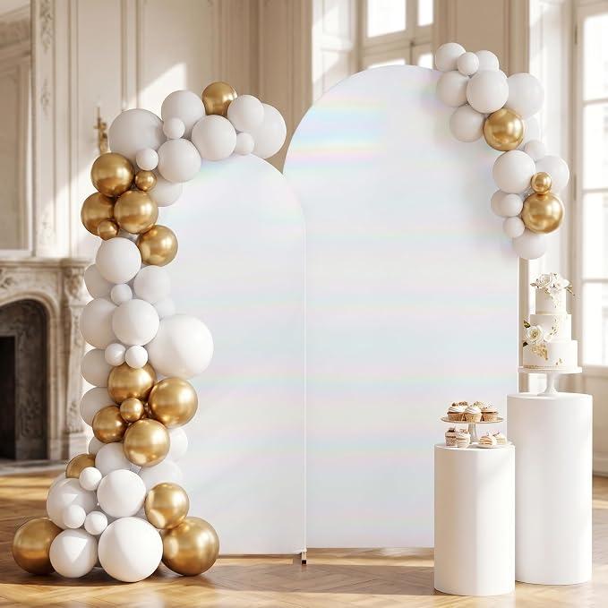 Iridescent White Arch Backdrop Cover 6ft/7.2ft 2Set with Zipper,Thick Soft Stretchy Sequin Shimmer Spandex Fitted Chiara Cover for Wedding Birthday Baby Shower Graduation Party Photo Backdrop