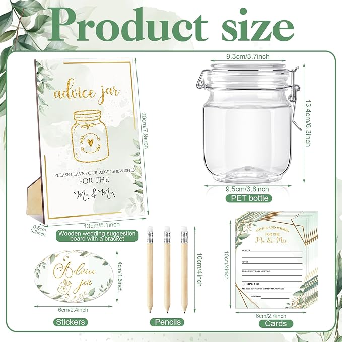 Jetec 74 Pcs Advice and Wishes for the Mr and Mrs 60 Pcs Wedding Advice Cards Advice and Wishes Jar Box Bridal Shower Advice and Wishes Cards for Bride and Groom Bridal Shower Decor(Greenery)