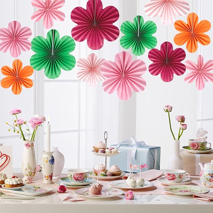 BestoFun 12 PCS Paper Flowers Fans Red Green and Pink Party Decorations Paper Flowers Decorations for Wall Girl Groovy Birthday Baby Shower Wedding Bachelorette Room Hanging Décor