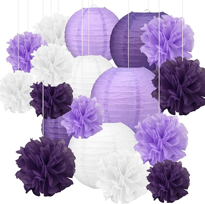 18pcs Purple Paper Lanterns Decoration Purple White Lavender Hanging Décor Pom Poms Paper Flower Party Supply for Baby Shower Wedding Valentine Birthday Party