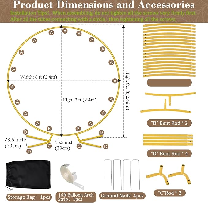 Antizz 8FT Round Arch Backdrop Stand, Gold Circle Balloon Arch Frame Stand Heavy Duty Wedding Arches with Upgrade base for Ceremony Birthday Party Anniversary Bridal Graduation Decoration
