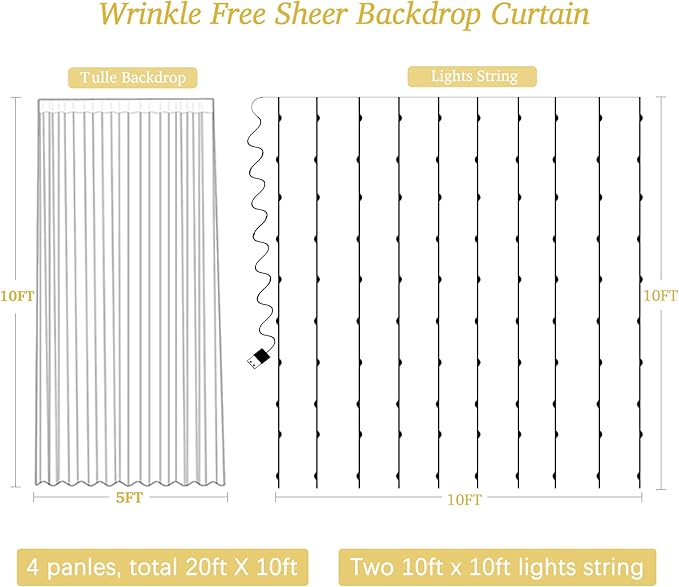 20ft x 10ft White Sheer Tulle Backdrop Curtain with Lights String- Wedding Backdrop Decorations for Reception Ceremony Home Party Photoshoot Background Fabric Curtains Backdrop