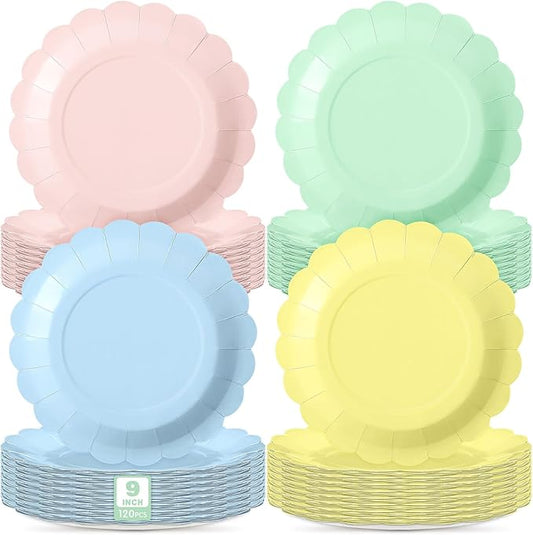 120 Pcs Macaron Paper Plates 9 Inch Easter Scalloped Disposable Round Dessert Paper Plates Party Decoration for Margs and Matrimony Bachelorette Party Women Birthday Baby Shower Wedding