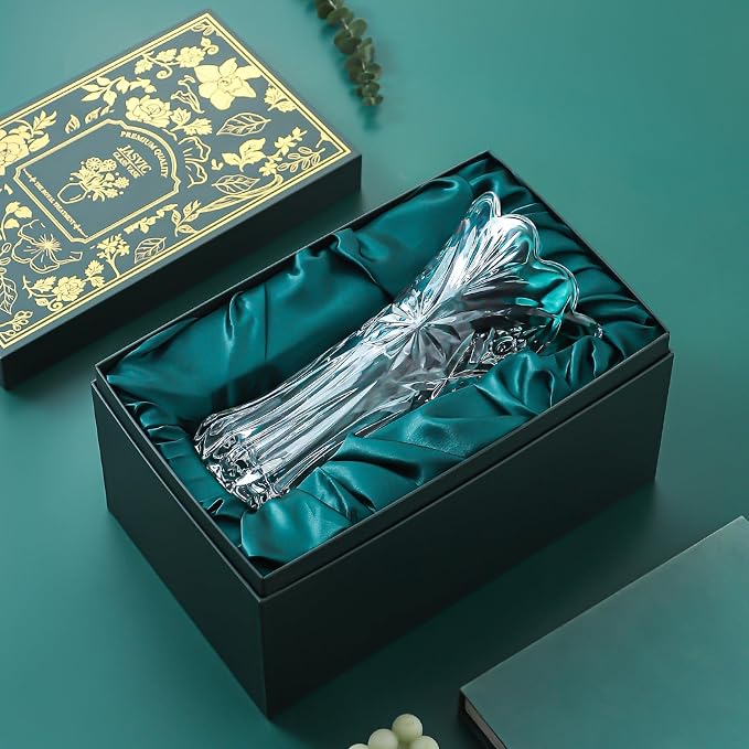 JASVIC 12 Inch Crystal Vase for Flowers with Luxury Gift Box, Snowflake Design, Large Crystal Clear Glass Vase Suitable for Home Office Decor, Mother's Day, Birthday, Wedding Anniversary