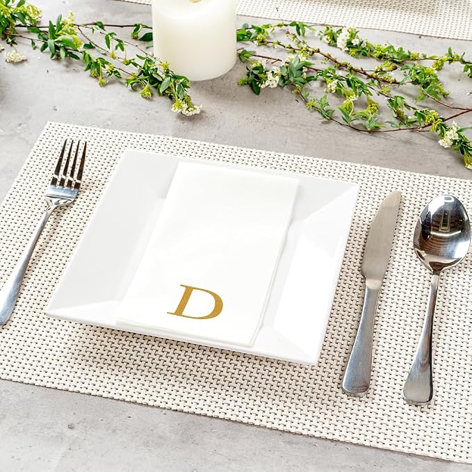 Luxenap 15.8 X 7.9 Inch Linen-Feel Guest Towels, 50 Lettered Hand Towels - Gold Letter 'D', Sans Serif Font, White Paper Dinner Napkins, airlaid, For Restrooms And Tables - Restaurantware