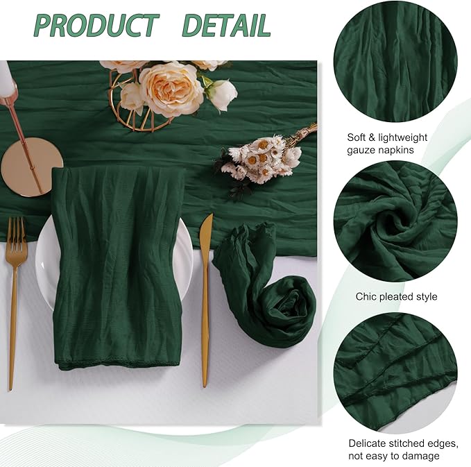 LZY 60 Pack Gauze Cheesecloth Napkins 20x20 Inch Dinner Cloth Napkins, Soft Boho Table Napkins Rustic Wrinkled Cheese Cloth Napkins Bulk for Wedding Party Baby Shower Event Decor (Emerald Green)
