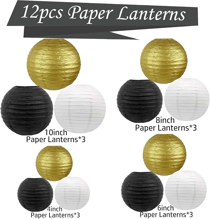 Black-Gold and White Paper Lanterns 12Pcs Hanging Lanterns for Birthday Party, Wedding, Home Decor, Baby Shower Festive Decoration