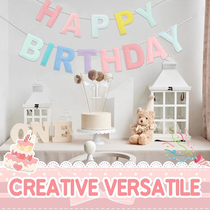 Mindsoft Felt Happy Birthday Garland Rainbow Banner Reusable Happy Birthday Sign Party Supply for Party Decor (Pastel,Normal)