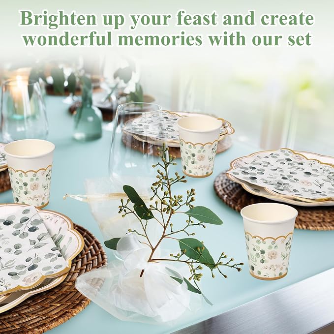 Funnymoom 250 Pcs Sage Green Color Party Decorations Eucalyptus Greenery Plates Cups and Napkins Paper Baby Shower Bridal Shower Party Tableware Set for Wedding Birthday Jungle Decorations, Serves 50